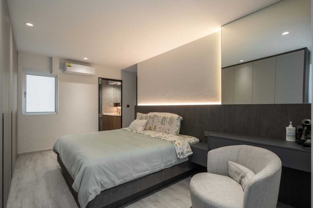 Modern Bedroom with Wood Flooring and Cove Lighting