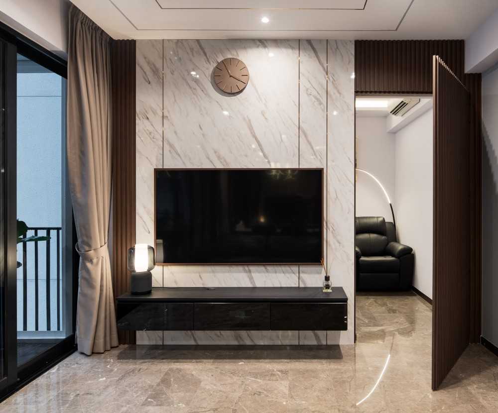 Contemporary Living Room with TV Console and Feature Wall
