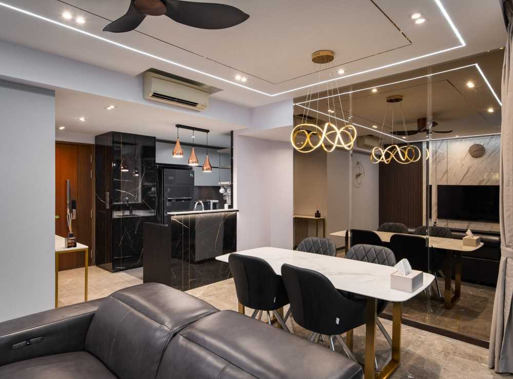 Contemporary Dining Room with Drop Ceiling and Chandelier