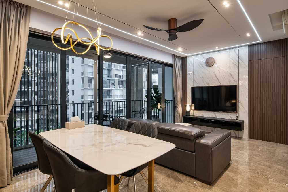 Contemporary Living Room with TV Console and Feature Wall