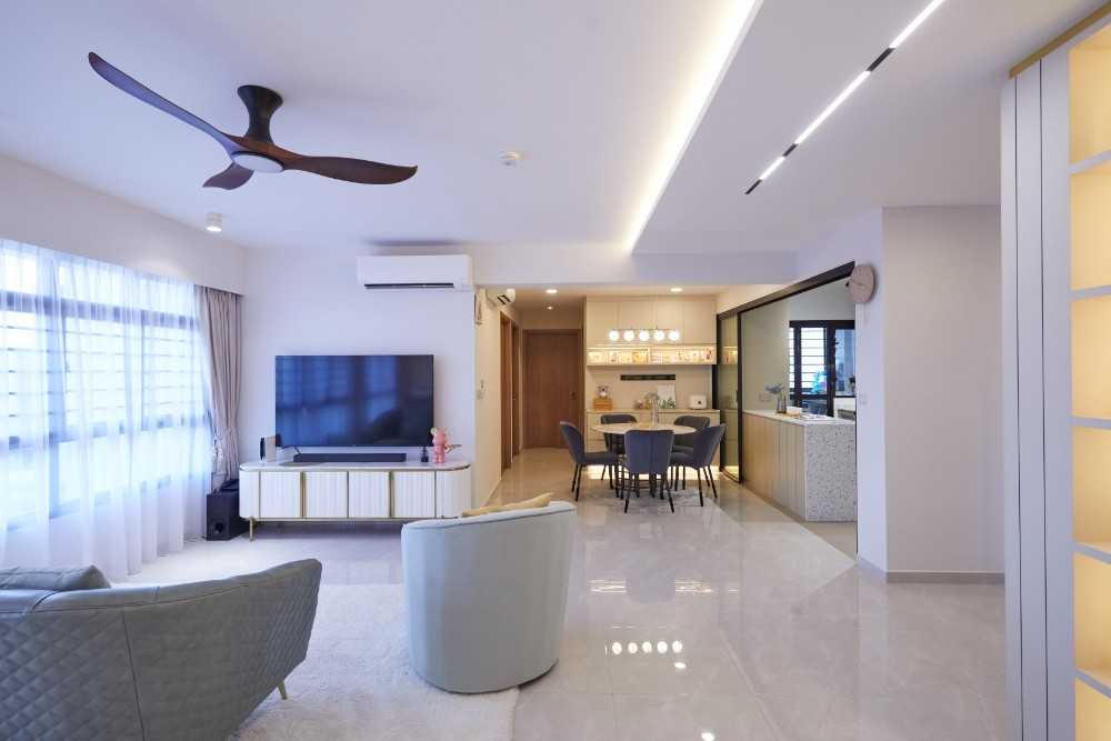 Contemporary Living Room with Marble Floor and TV Console