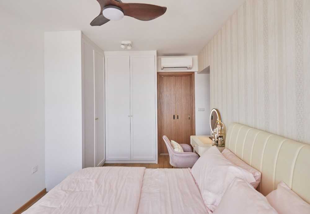 Contemporary Bedroom with Wood Flooring and Ceiling Light