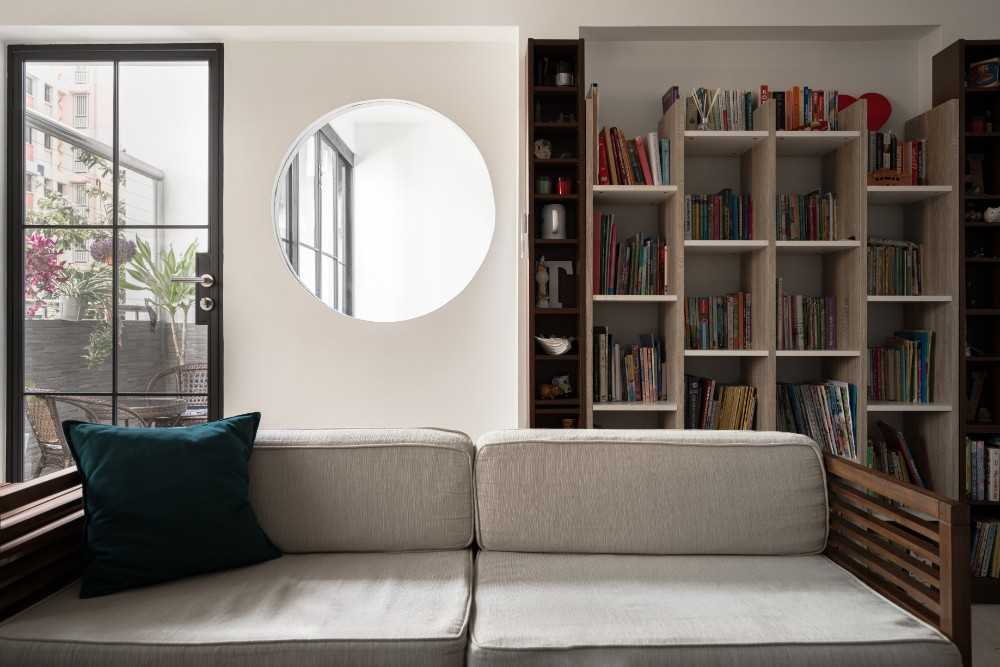 Modern Living Room with Bookshelf and Sofa