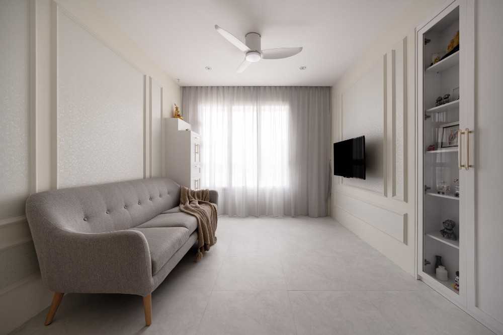 Transitional Living Room with Marble Floor and Ceiling Light