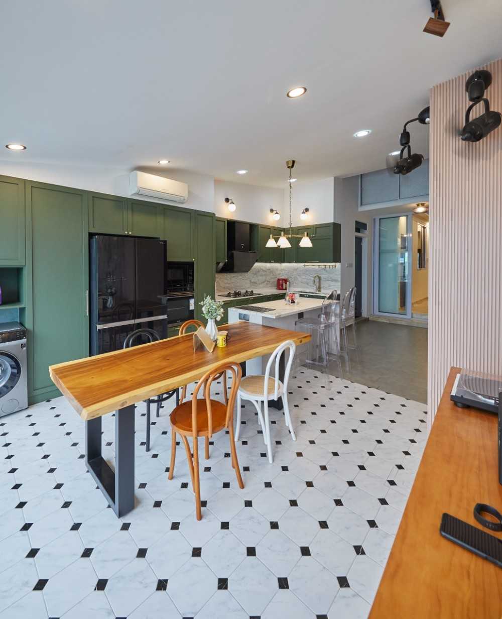 Transitional Dining Room with Ceiling Light and Dining Table