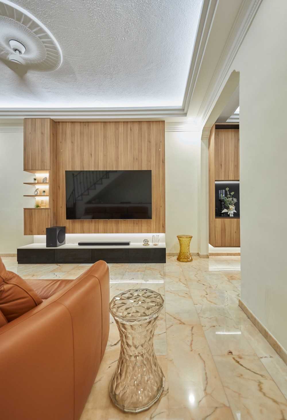 Transitional Living Room with Marble Floor and TV Console