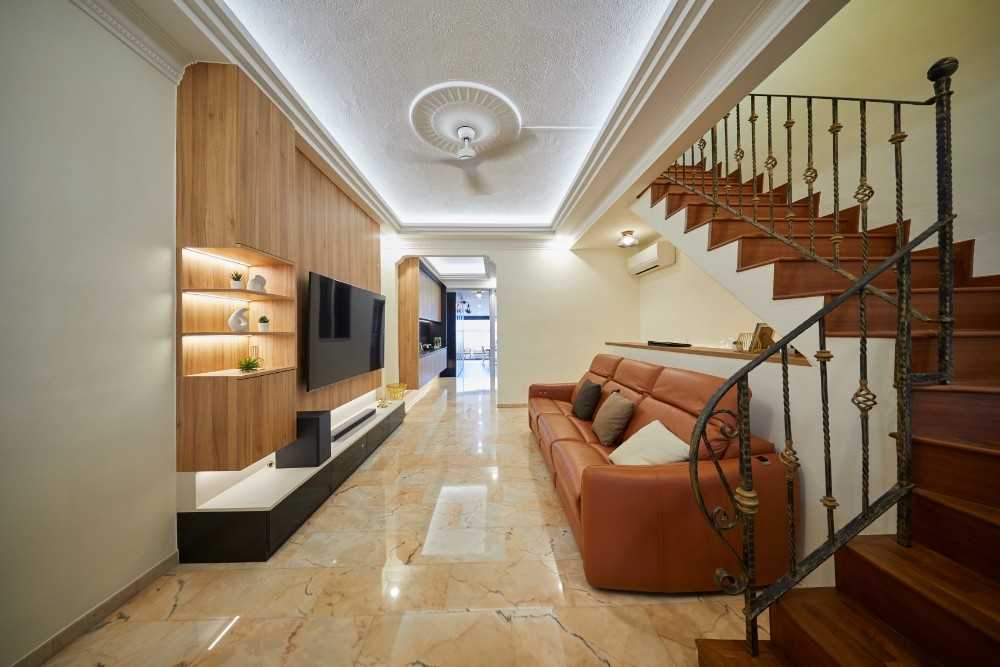 Transitional Living Room with TV Console and Feature Wall