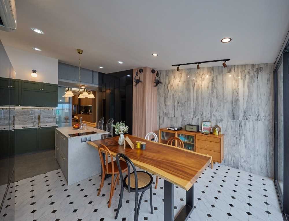 Transitional Dining Room with Ceiling Light and Dining Table