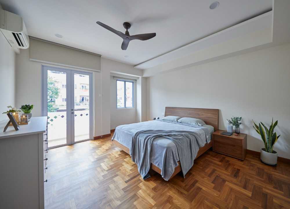 Modern Bedroom with Wood Flooring and Downlights