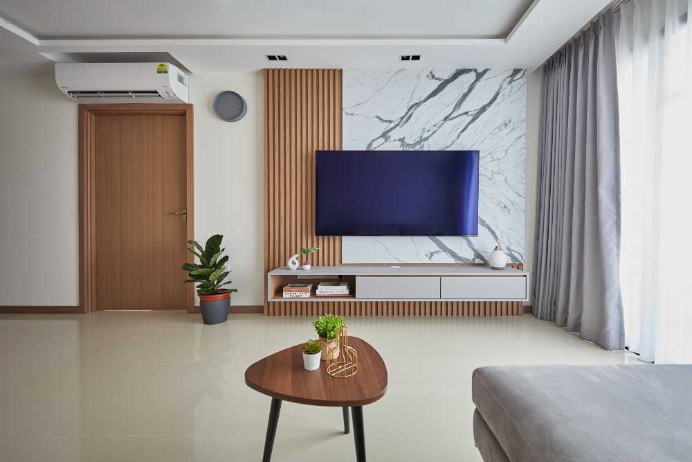 Contemporary Living Room with Marble Floor and Ceiling Light