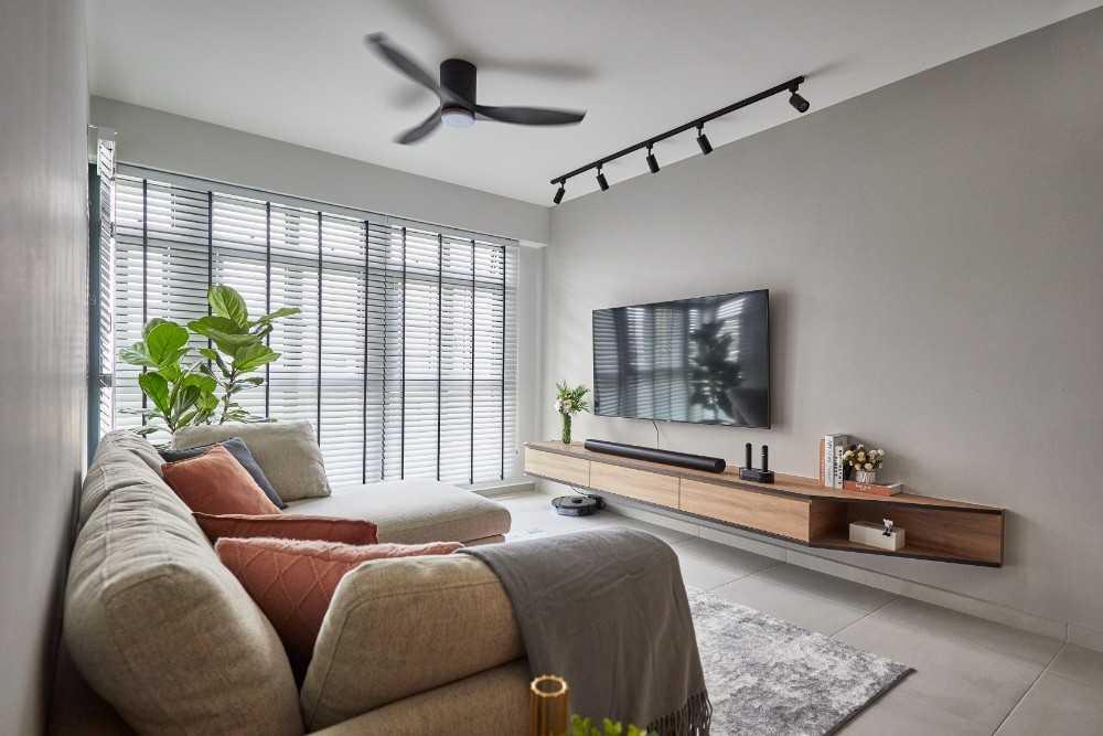 Contemporary Living Room with TV Console and Feature Wall