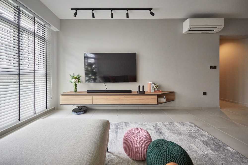 Contemporary Living Room with TV Console and Paintings