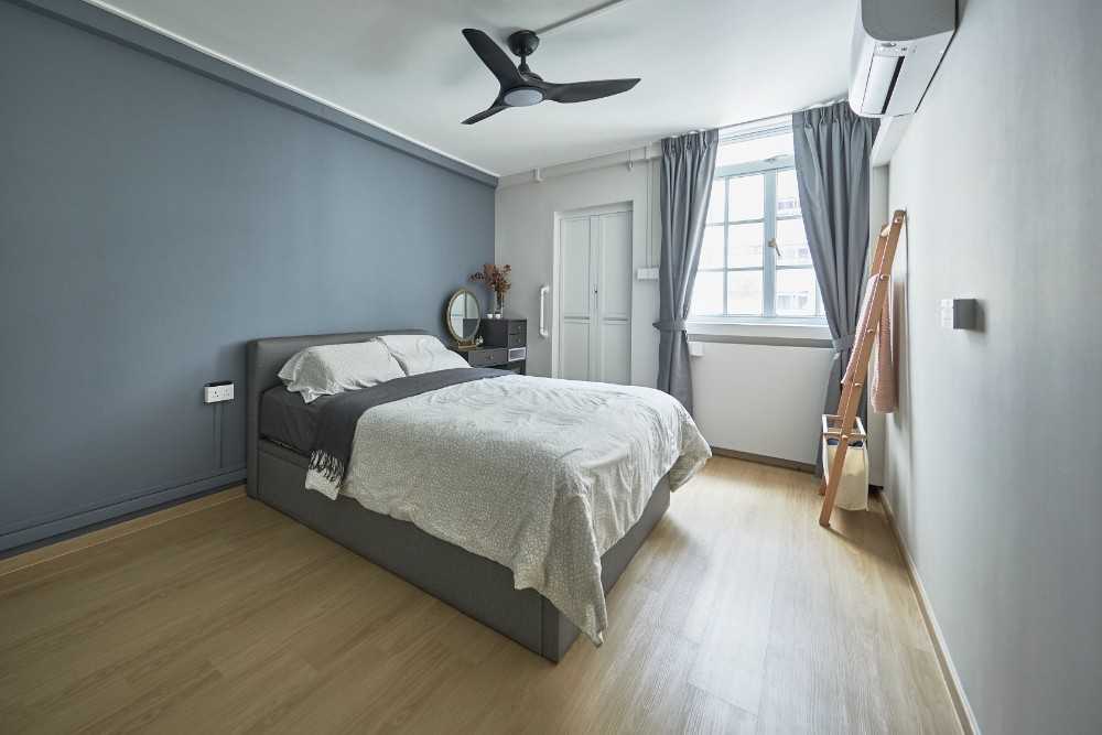 Scandinavian Bedroom with Wood Flooring and Bedside Table