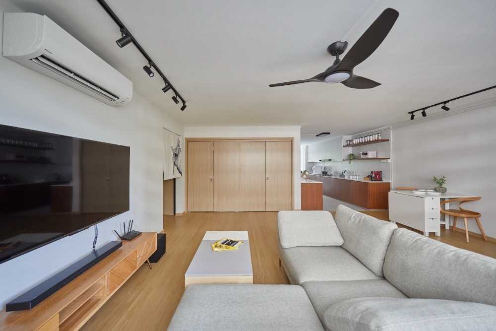 Scandinavian Living Room with Wood Flooring and TV Console
