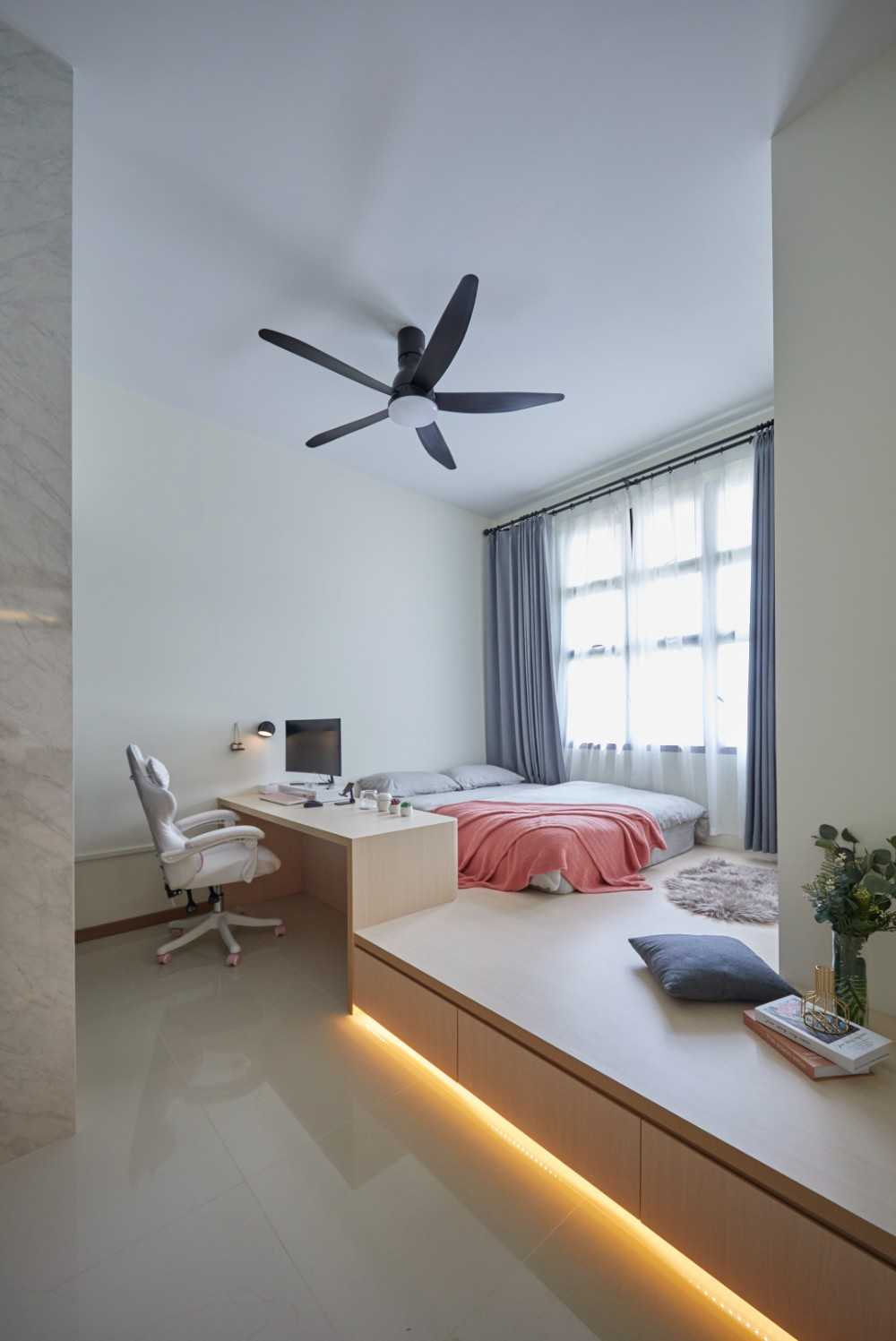 Contemporary Bedroom with Marble Floor and Built-in Bed