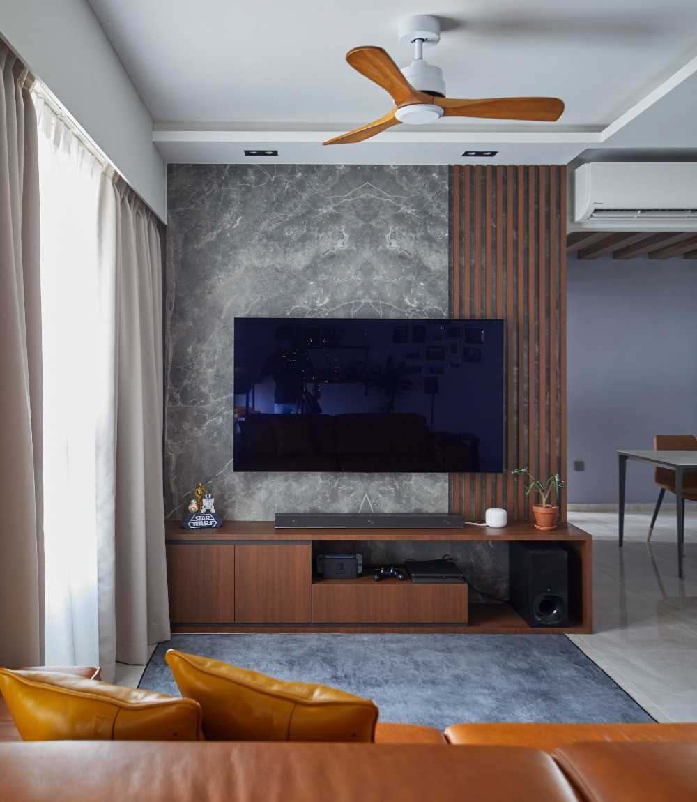 Contemporary Living Room with Marble Floor and Feature Wall