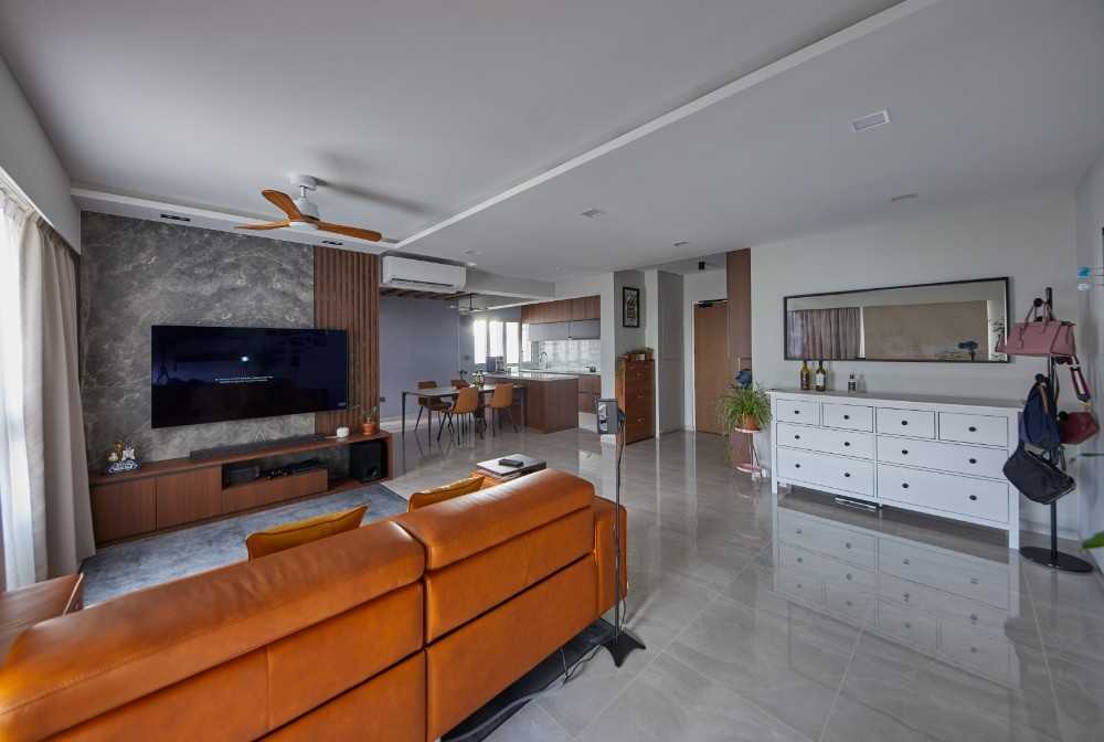 Contemporary Living Room with Marble Floor and TV Console