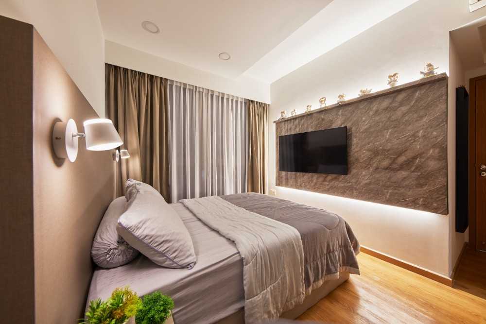Contemporary Bedroom with Wood Flooring and Bedside Table