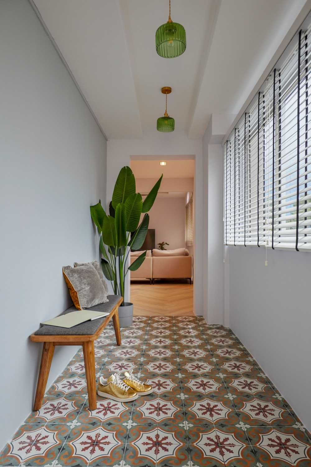 Contemporary Entryway with Seating Bench and Houseplants