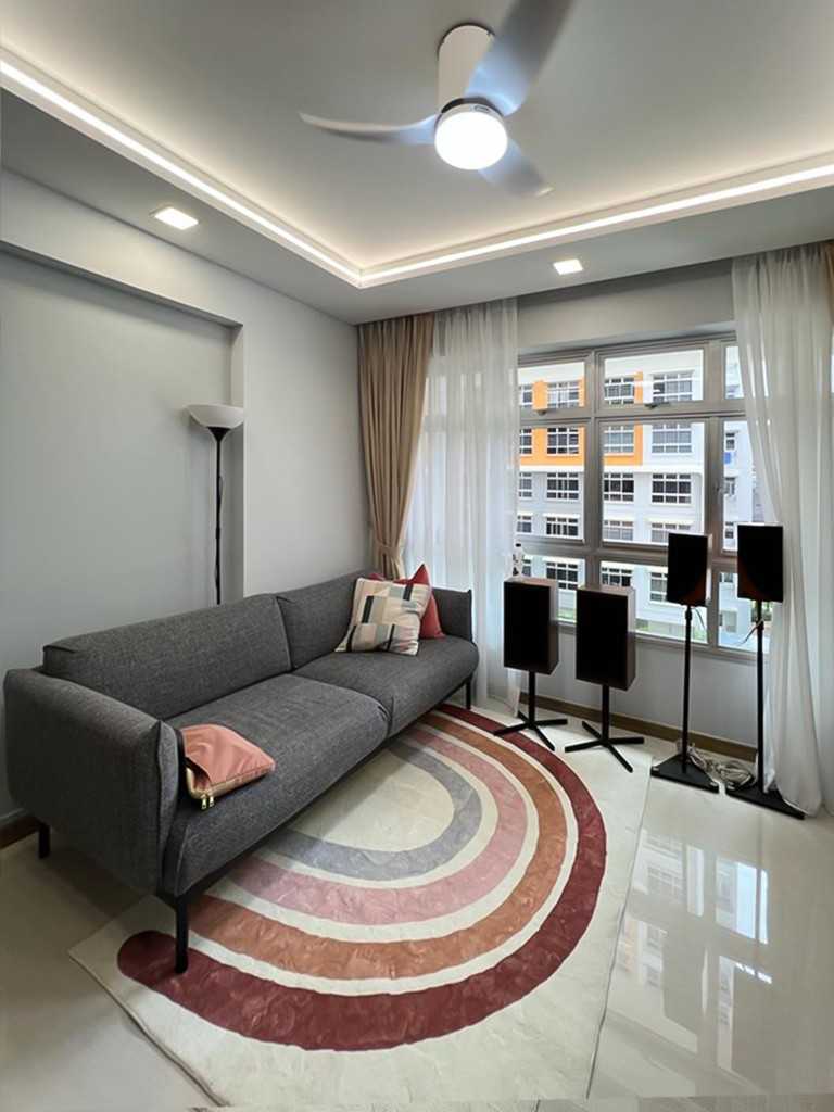 Scandinavian Living Room with Feature Wall and Window Grille