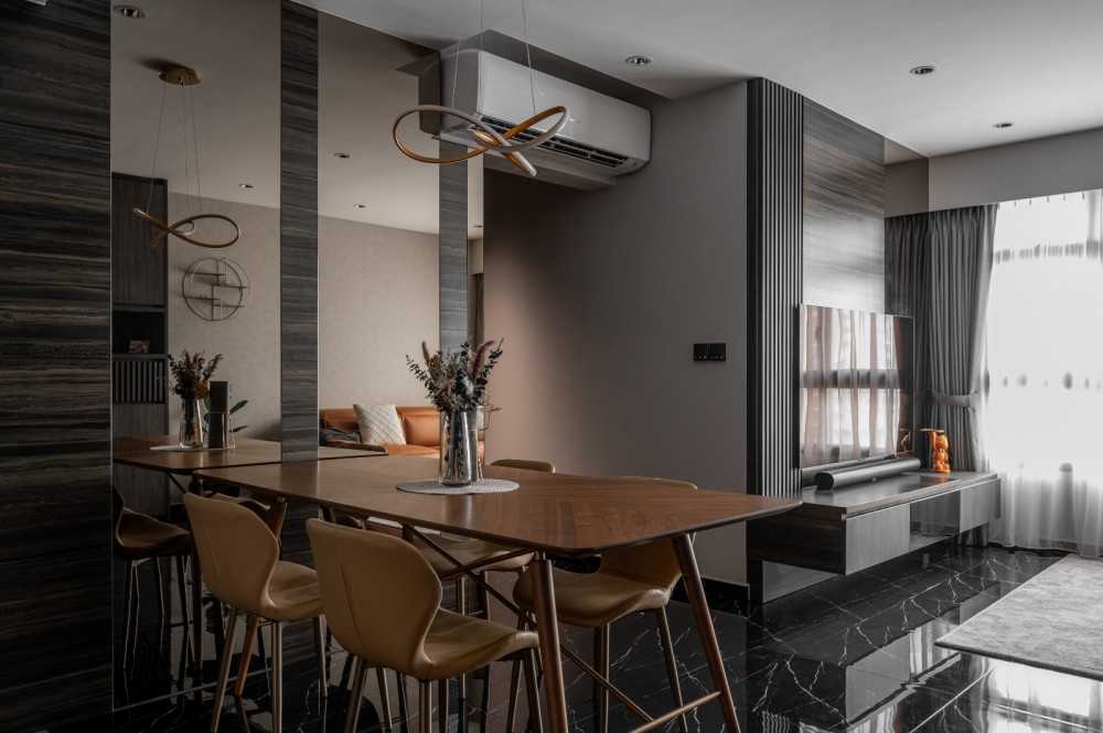Contemporary Dining Room with TV Console and Feature Wall