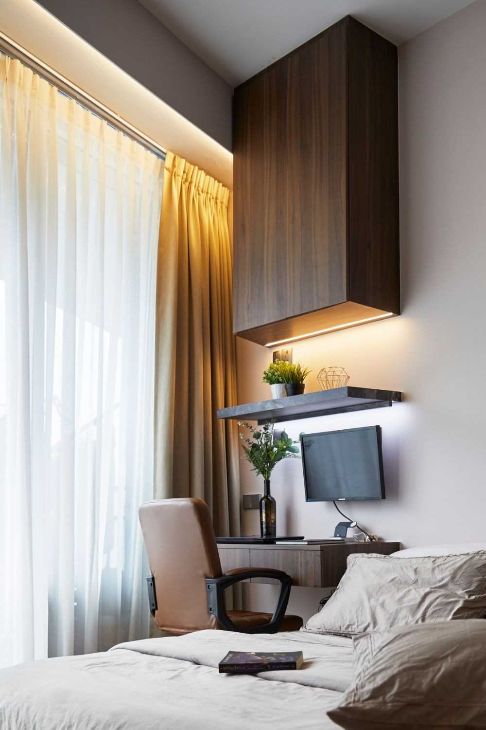 Contemporary Bedroom with Bookshelf and Children's Beds