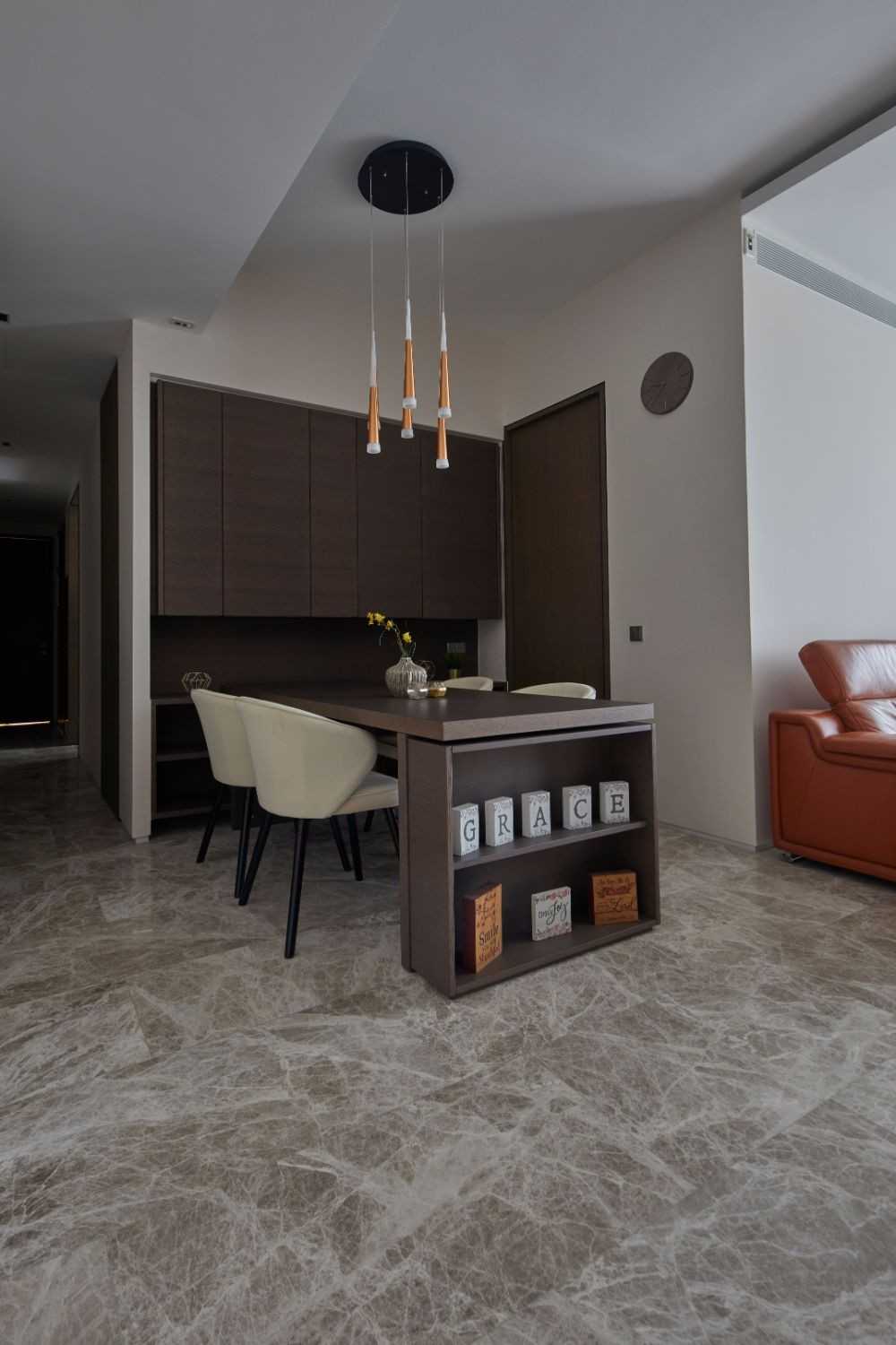 Contemporary Dining Room with Drop Light and Dining Table