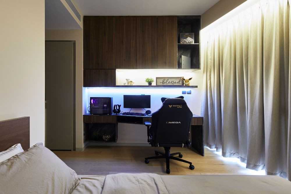 Contemporary Bedroom with Wood Flooring and Cupboard