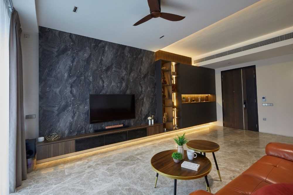 Contemporary Living Room with Bookshelf and Marble Floor