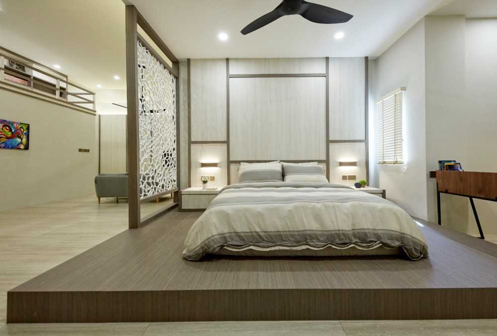 Scandinavian Bedroom with Platform Bed and Marble Floor