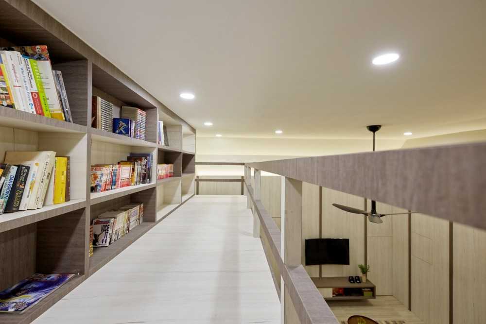 Scandinavian Study with Bookshelf and Ceiling Light