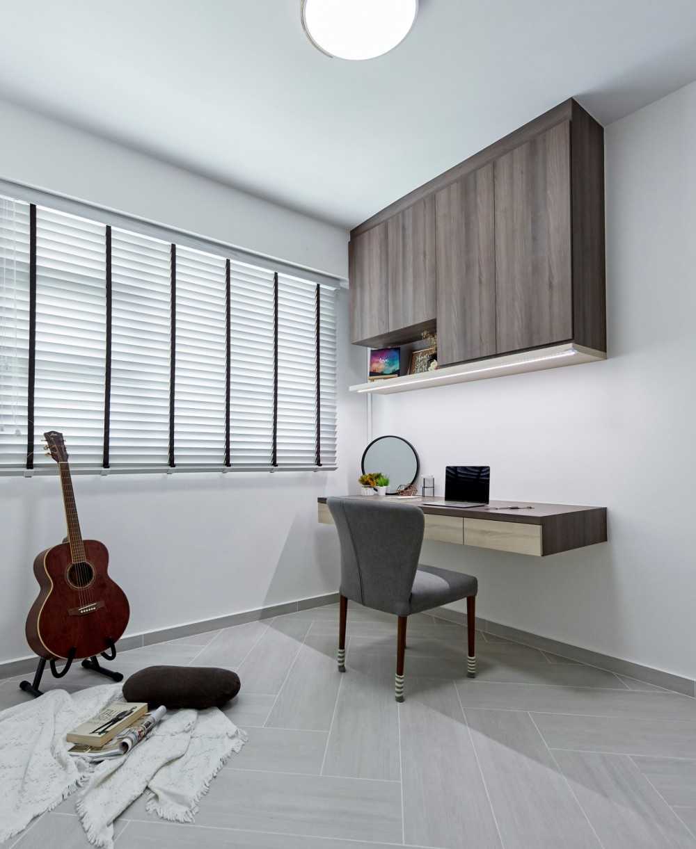 Contemporary Home Office with Storage Cabinets and Wall Shelves