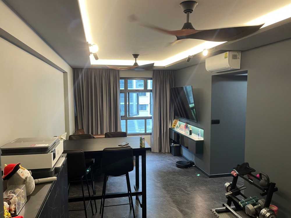 Industrial Living Room with TV Console and Cove Lighting