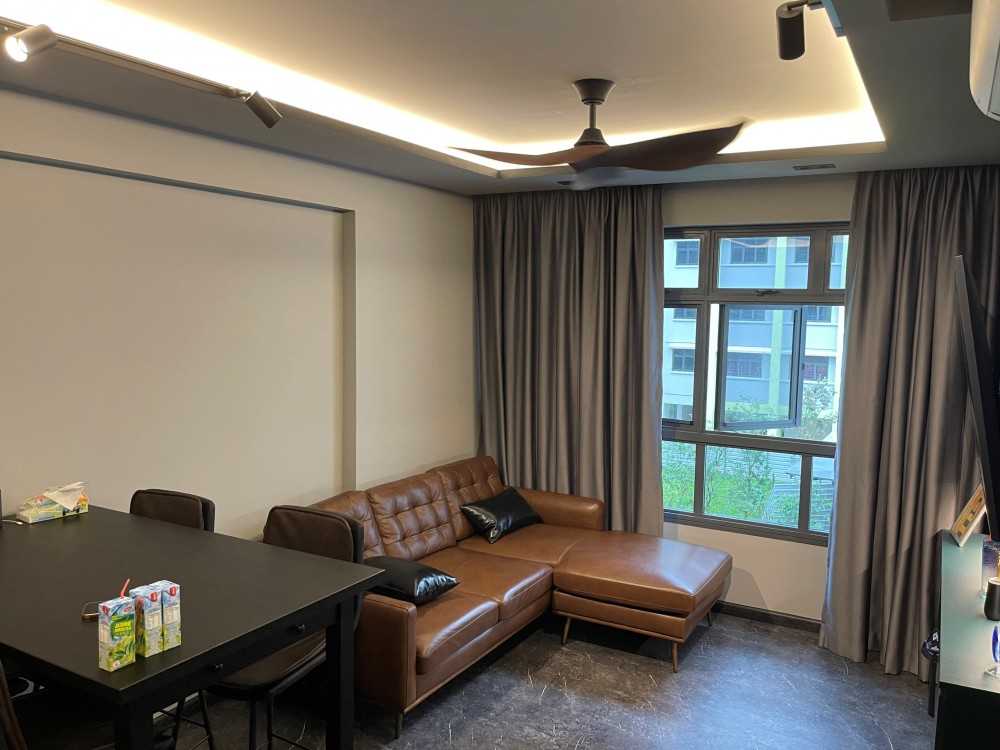 Industrial Living Room with TV Console and Cove Lighting