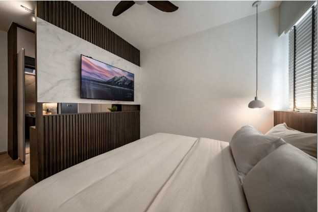 Scandinavian Bedroom with TV and Flooring