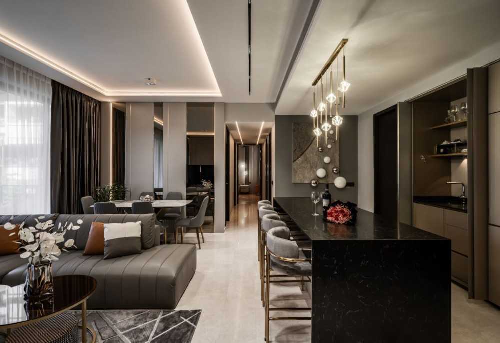 Modern Dining Room with Tableware and Stools