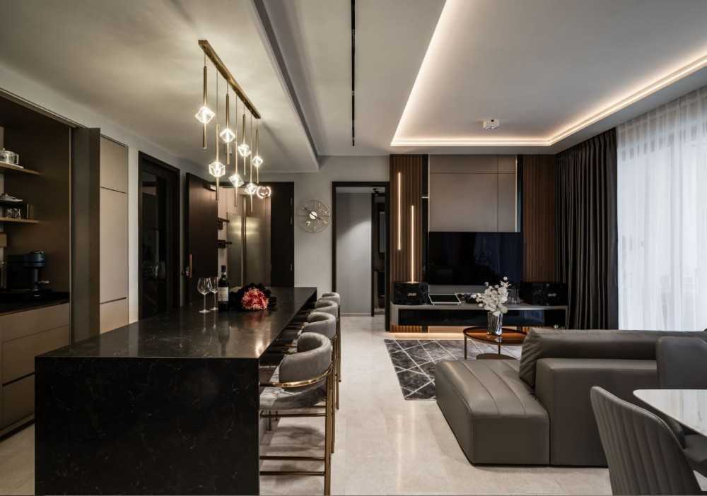 Modern Living Room with TV Console and Ceiling Light
