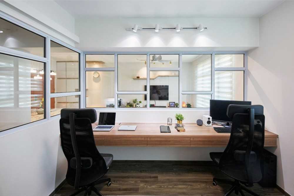 Contemporary Home Office with Small Storage and Shelving Units