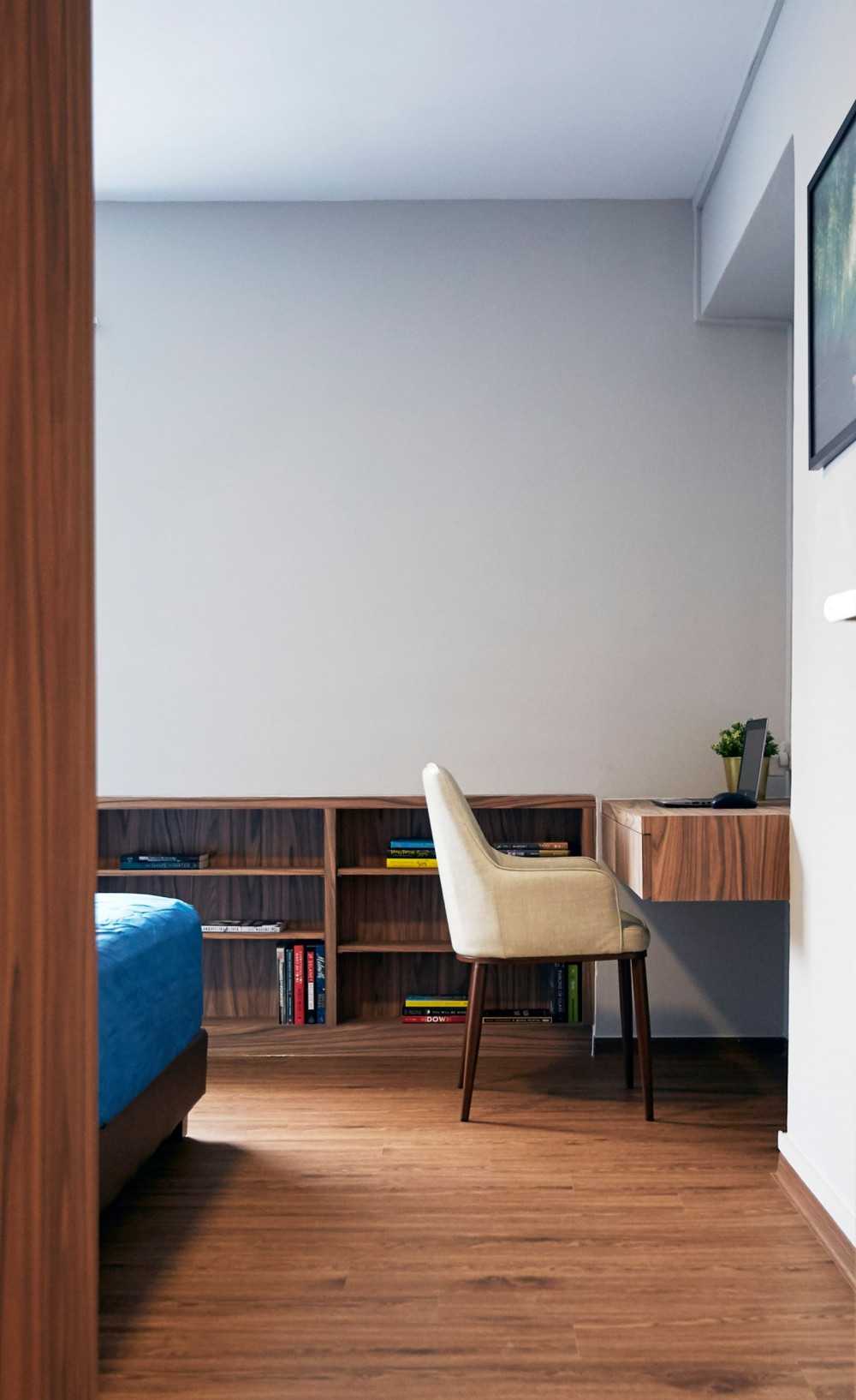 Contemporary Bedroom with Bookshelf and Wood Flooring