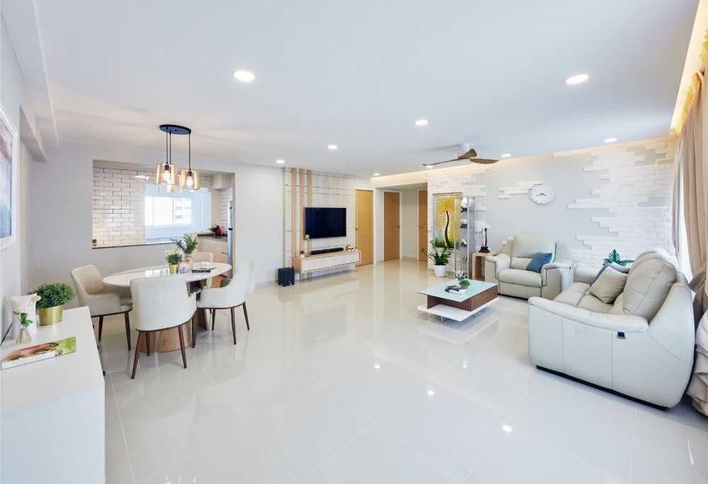 Contemporary Living Room with Marble Floor and Ceiling Light