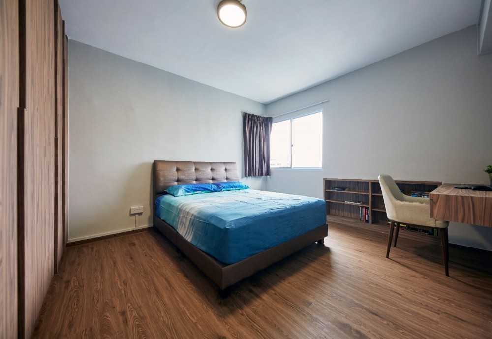 Contemporary Bedroom with Bookshelf and Wood Flooring