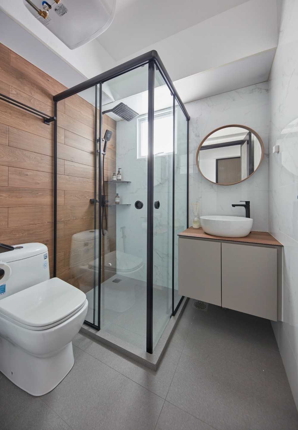 Scandinavian Bathroom with Marble Floor and Mirror