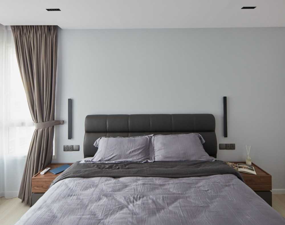 Scandinavian Bedroom with Wood Flooring and Bedside Table