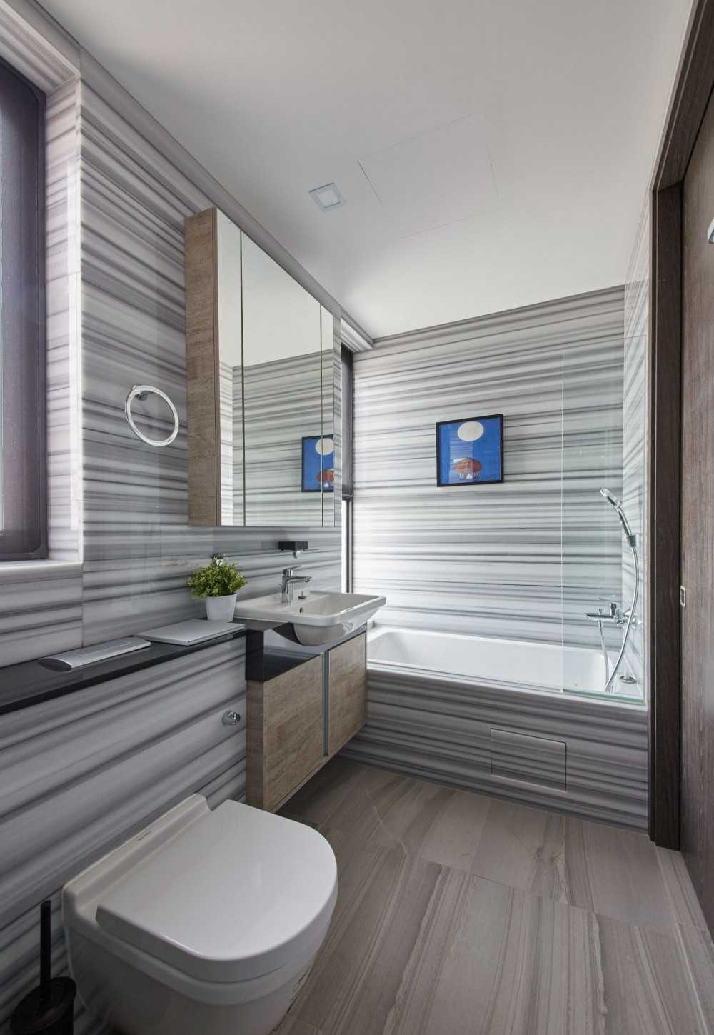 Asian Bathroom with Marble Floor and Mirror