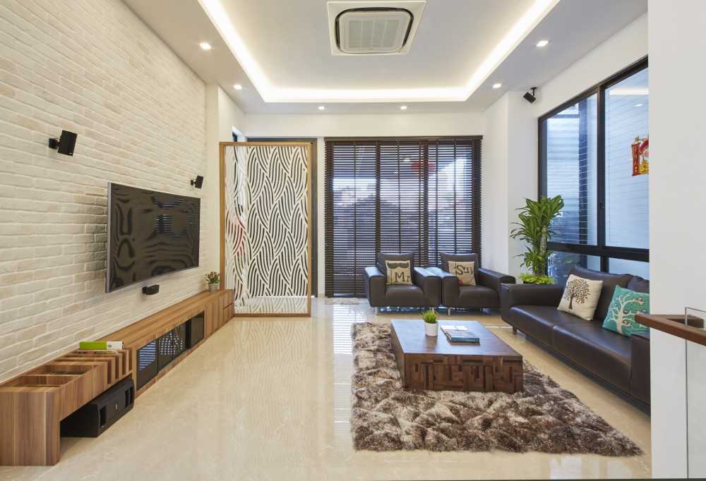 Asian Living Room with Marble Floor and TV Console