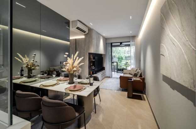 Contemporary Dining Room with Cove Lighting and Sofa