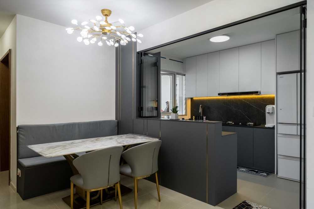 Contemporary Dining Room with Drop Light and Dining Table