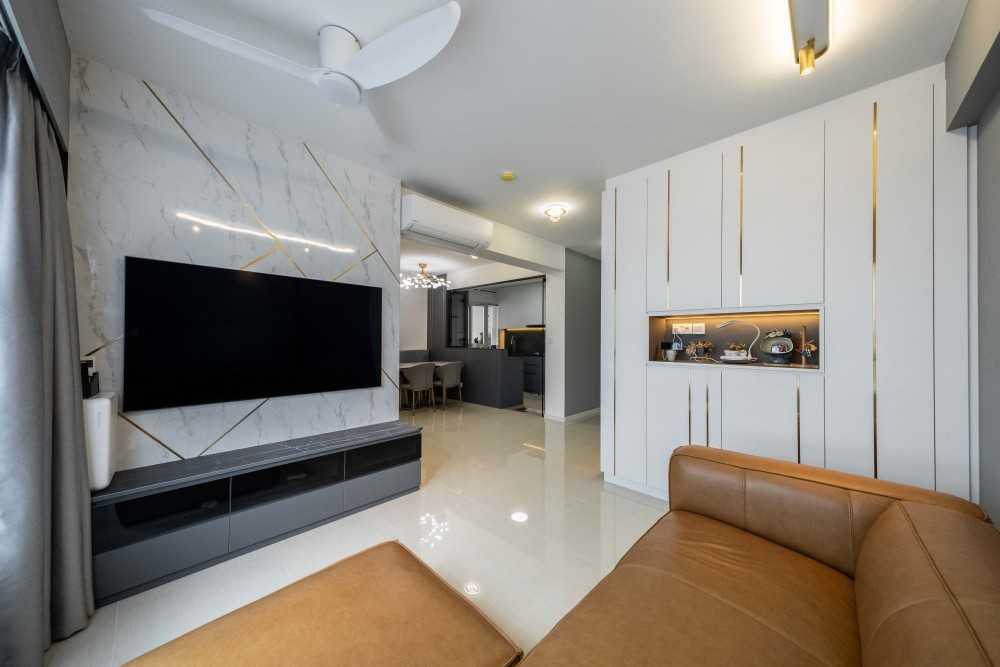 Contemporary Living Room with Homogeneous Tiles and TV Console