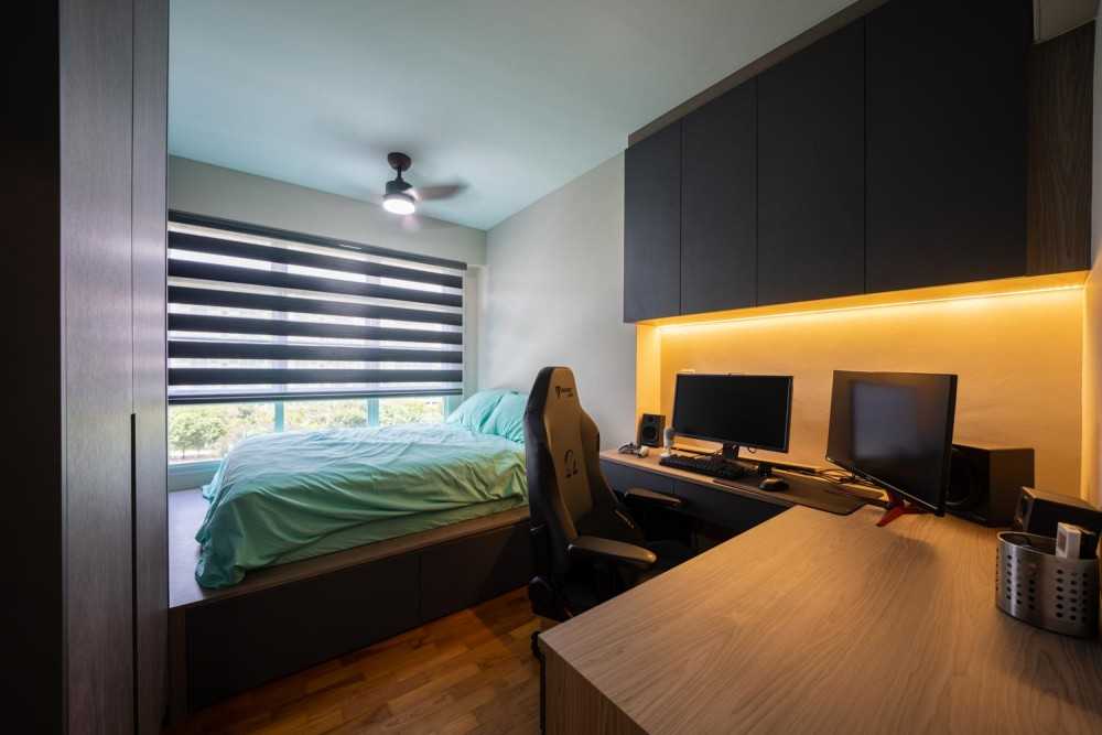 Contemporary Bedroom with Wood Flooring and Built-in Bed
