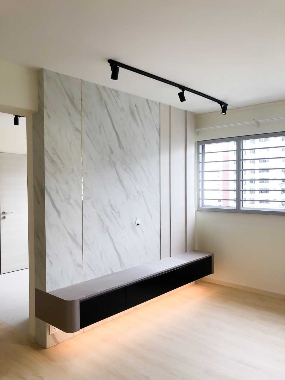 Scandinavian Living Room with TV Console and Feature Wall
